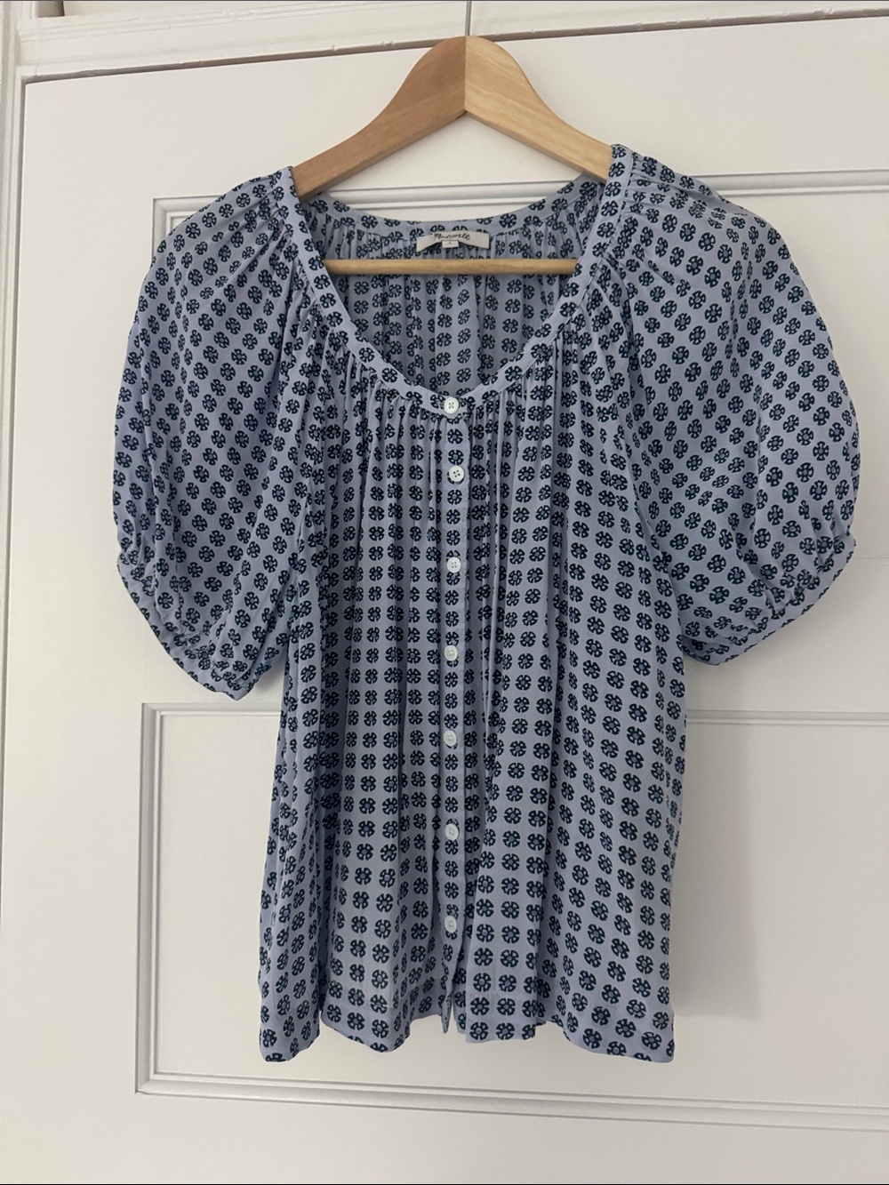 Madewell Blue Printed Button-Front Peasant Top